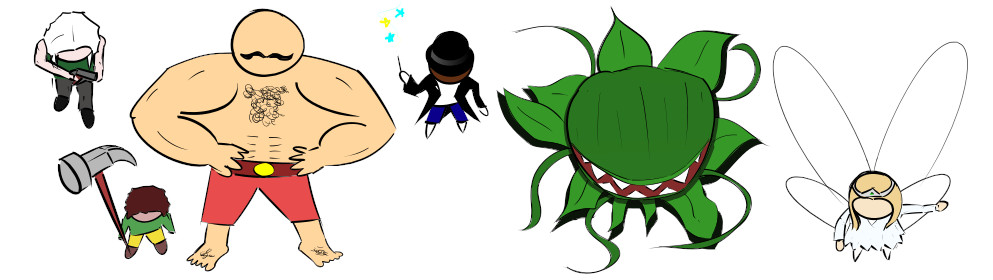 Hostile NPC sprites. Anya is a human with a pistol, Mungo is a halfling with an oversized hammer, Hercules is a huge muscular man with a moustache, Mukta is a magician with a top hat and a magic wand, Audrey II is a carnivorous plant, and Titania is a fairy with a crown and large, translucent wings.