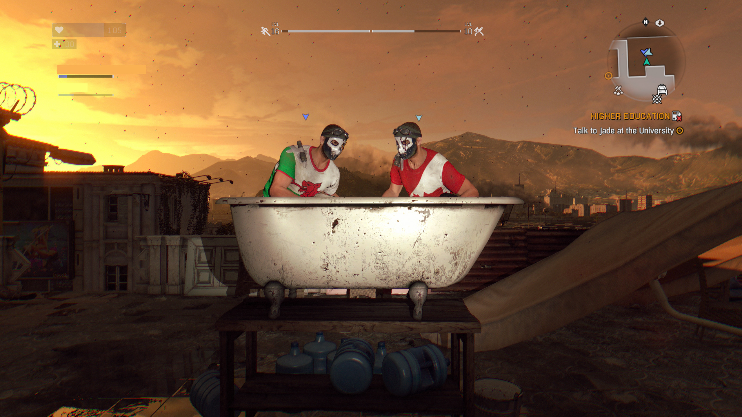 Two men in a bathtub.